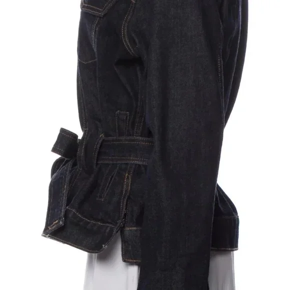 Trave Blue Pointed Collar Flap Pockets Button Closure Belted Denim Jacket Small - Picture 11 of 12